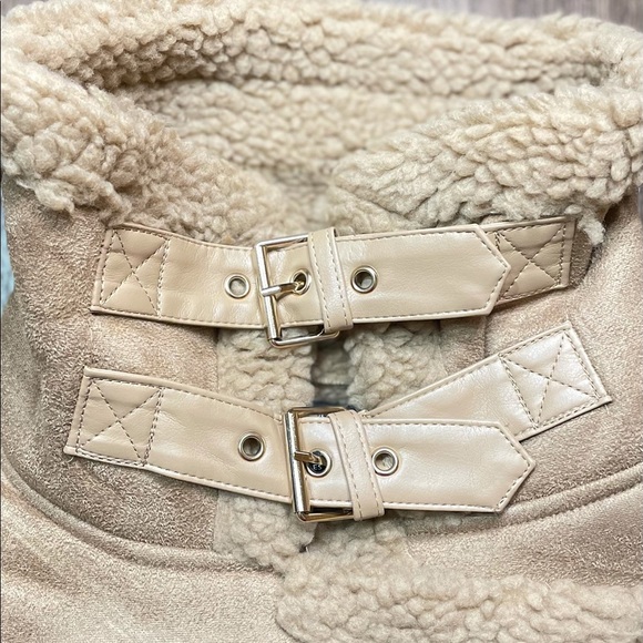 TAUPE BROWN FAUX FUR SUEDE MOTO JACKET BIKER COAT - Picture 12 of 14